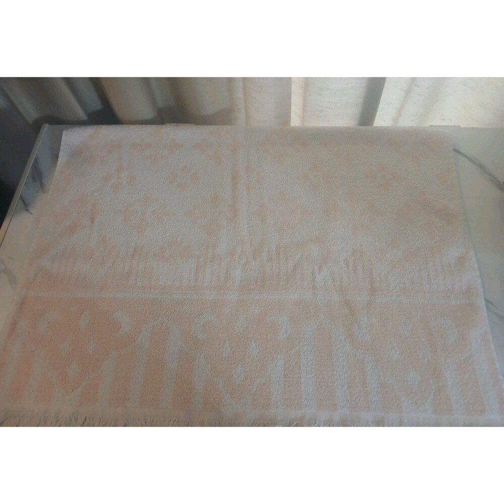 Vintage Bath Towel Coral White Floral Fringe Cotton MCM Cottage 38x24
